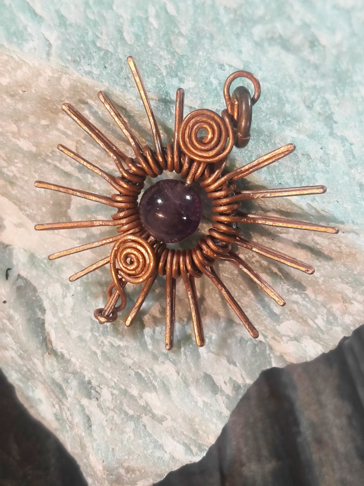 Sun Pendant Copper Amethyst Wire Wrapped Jewelry Energy Health Lucky #PS0008