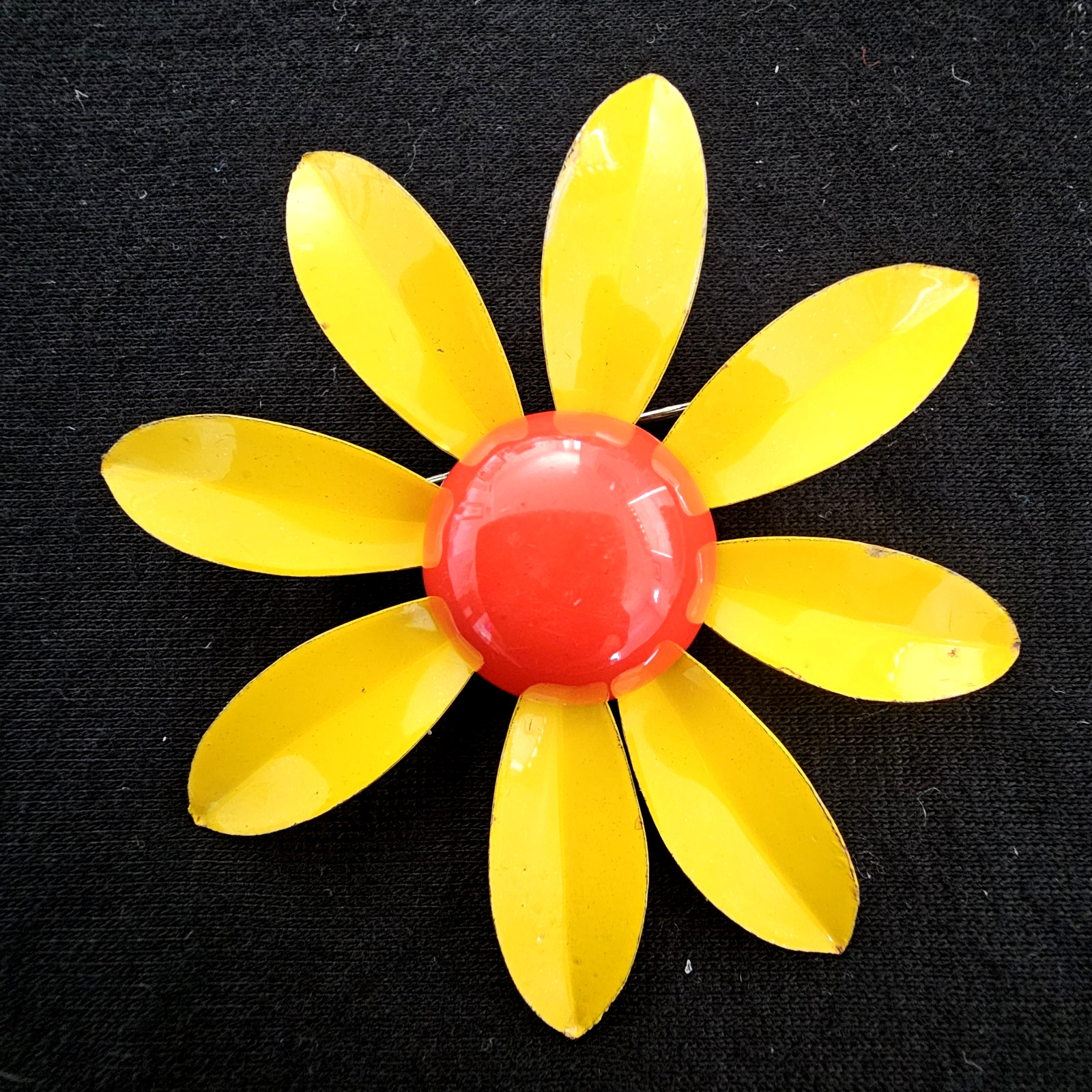 Vintage Yellow Orange Enamel Daisy Flower Brooch Pin 2.5″ Mod 60s Retro