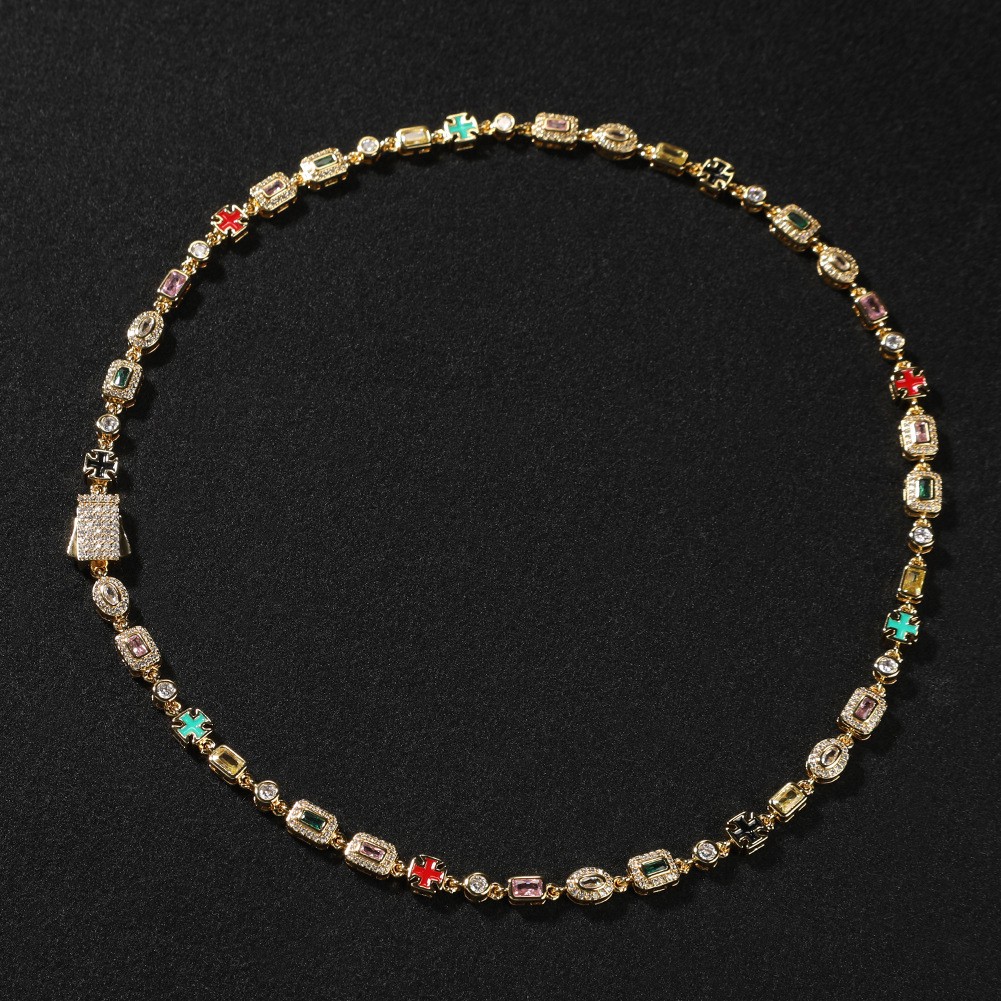 Iced Out Multi Color Gem Cross Link Chain Gold Hip Hop Unisex Statement Necklace