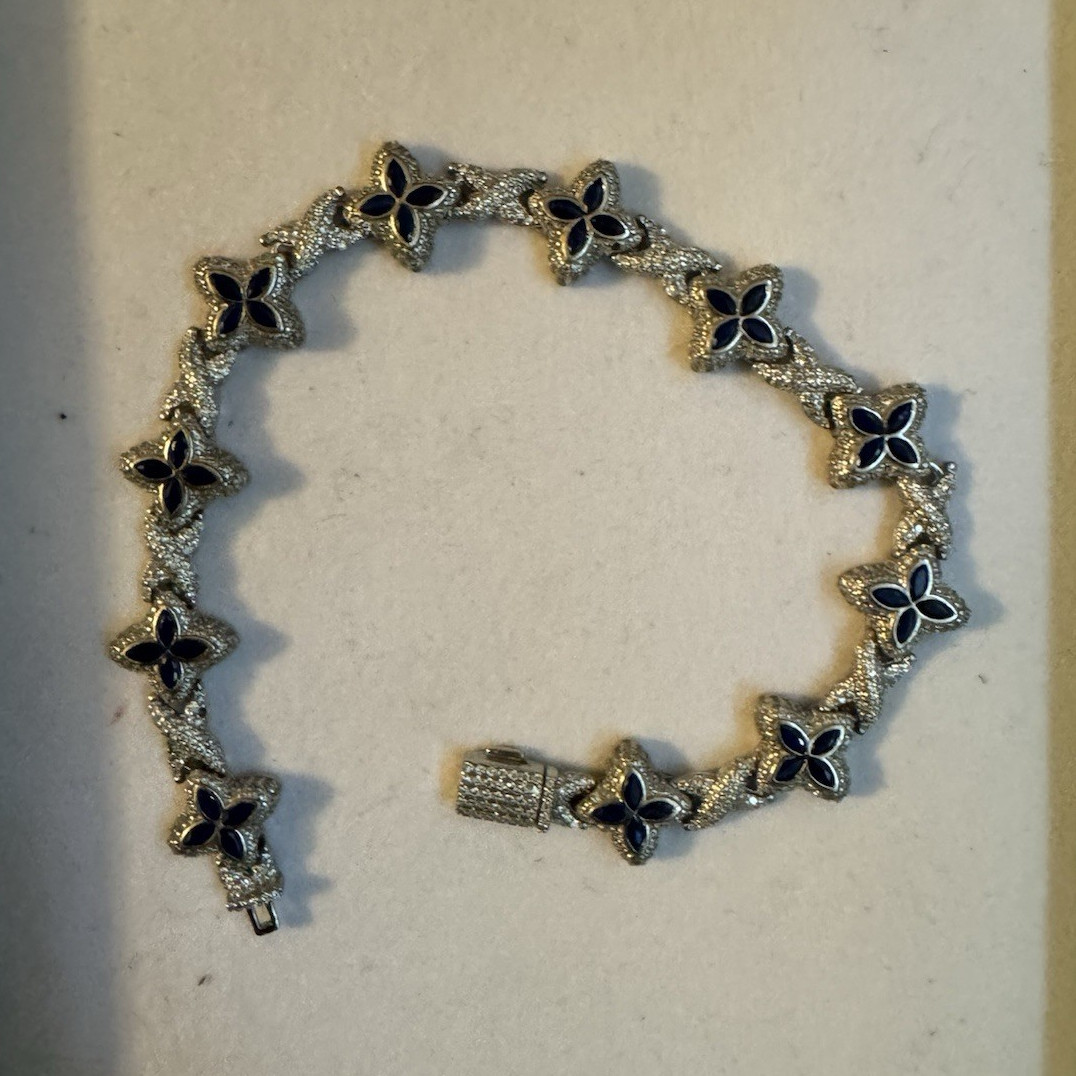 925 Sterling Silver Blue Flower Link Bracelet Box Clasp Signed Stackable