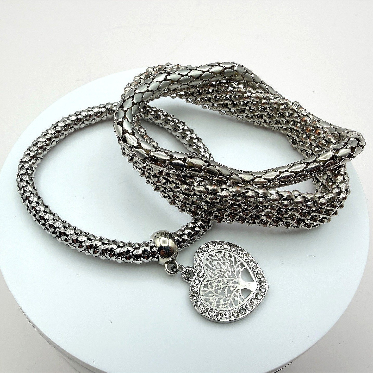 Vintage Y2K Silver Tone Tree of Life Heart Charm Mesh Bracelet Women’s Jewelry