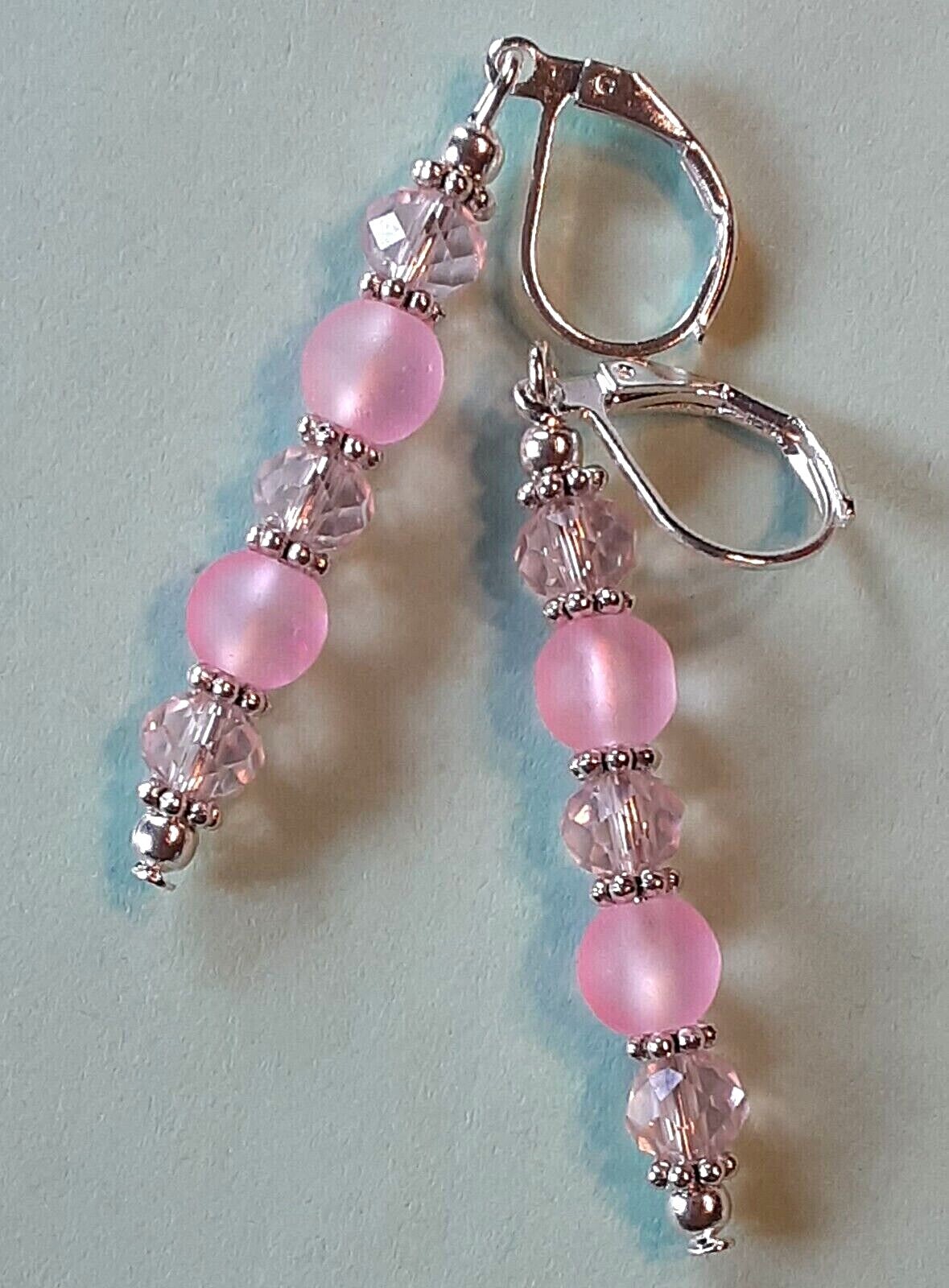 FACETED & FROSTED white and pink drop earring SP LEVERBACK hook HANDCRAFTED