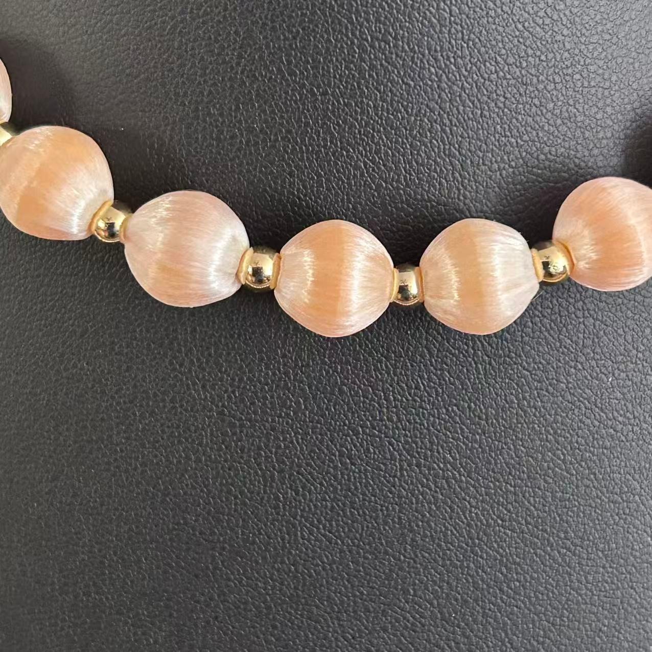 Vintage Peach Pink Silk Satin Thread Wrapped Bead Single Strand Necklace 30″