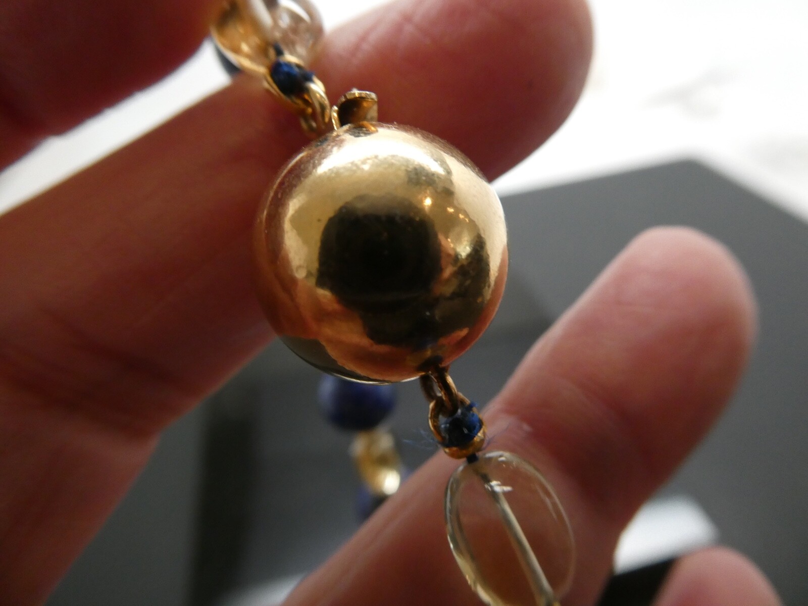 Vintage Lapis Lazuli & Citrine Gemstone Bead Carved Gold Filled Necklace 15.5″