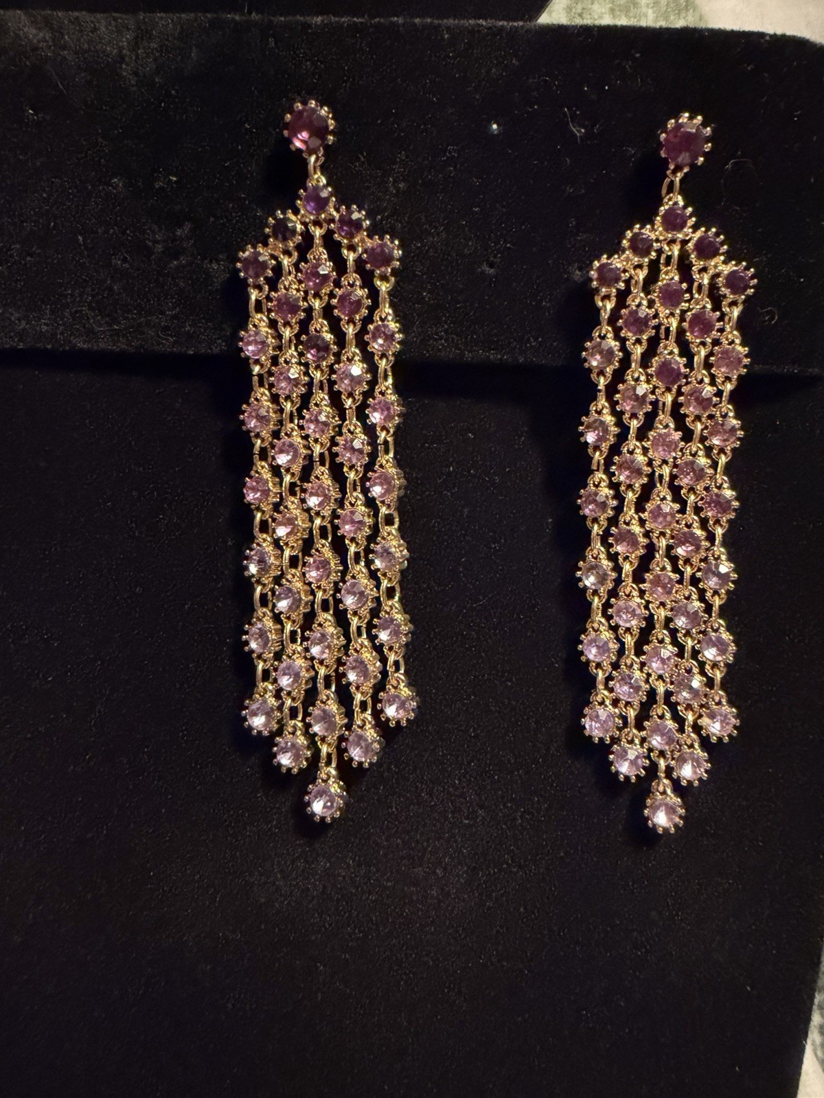 Gold Tone Purple & Clear Round Simulated Rhinestone Cluster Chandelier Earrings