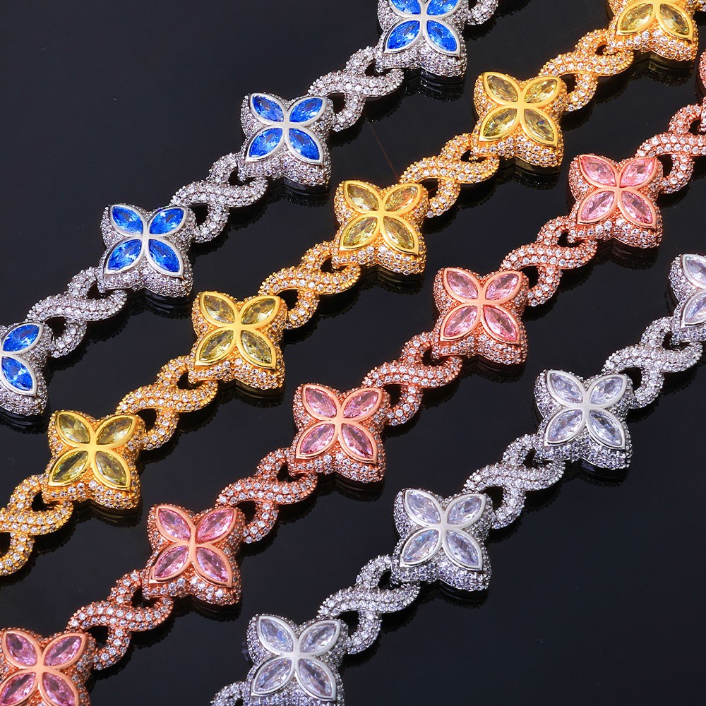 18K Gold Plated Four Leaf Clover Chain 5A Iced CZ Out Hip Hop Jewelry for Men