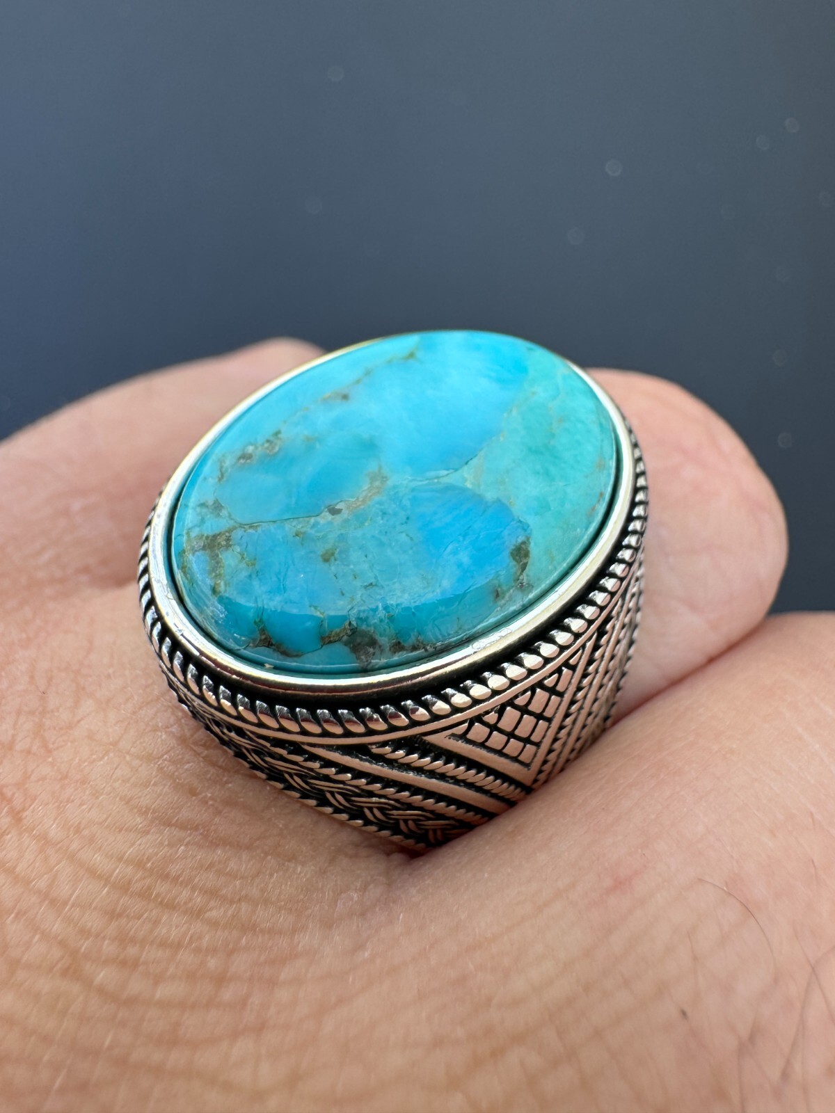 Natural Turquoise Mens Real Solid 925 Silver Handmade Oval Native American Ring