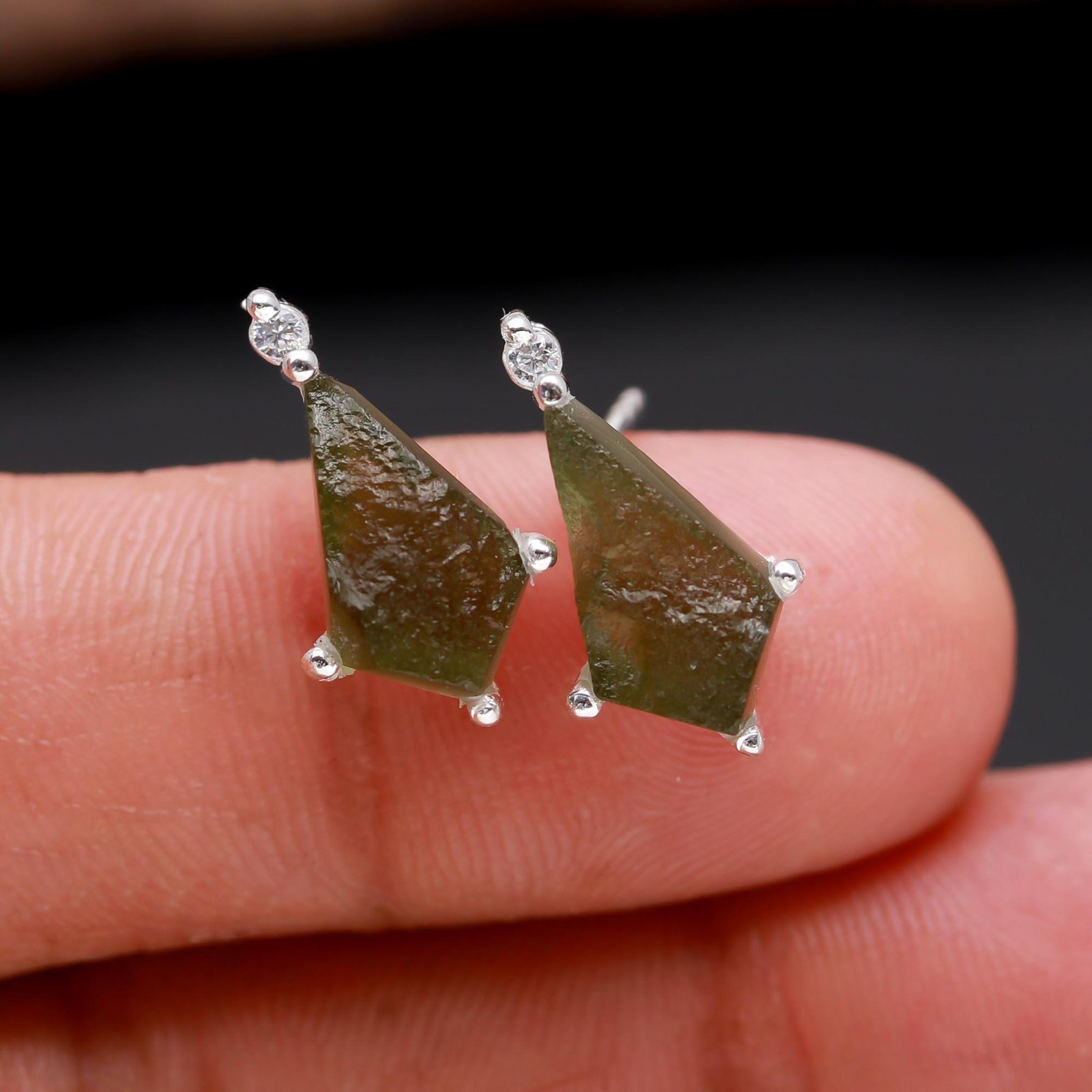 Czech Republic Moldavite Kite Stud Earrings 925 Sterling Silver Unique Jewelry