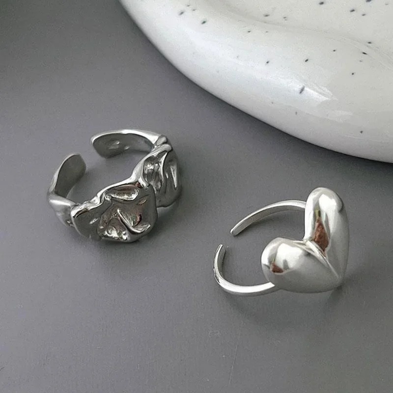 LATS Silver LOVE Heart Ring Simple Smooth Korean Fashion Jewelry for Women