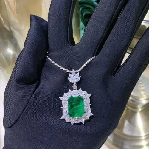 Emerald & Diamond 18K White Gold Over Pendant 18″ Chain Necklace Gifts For Her