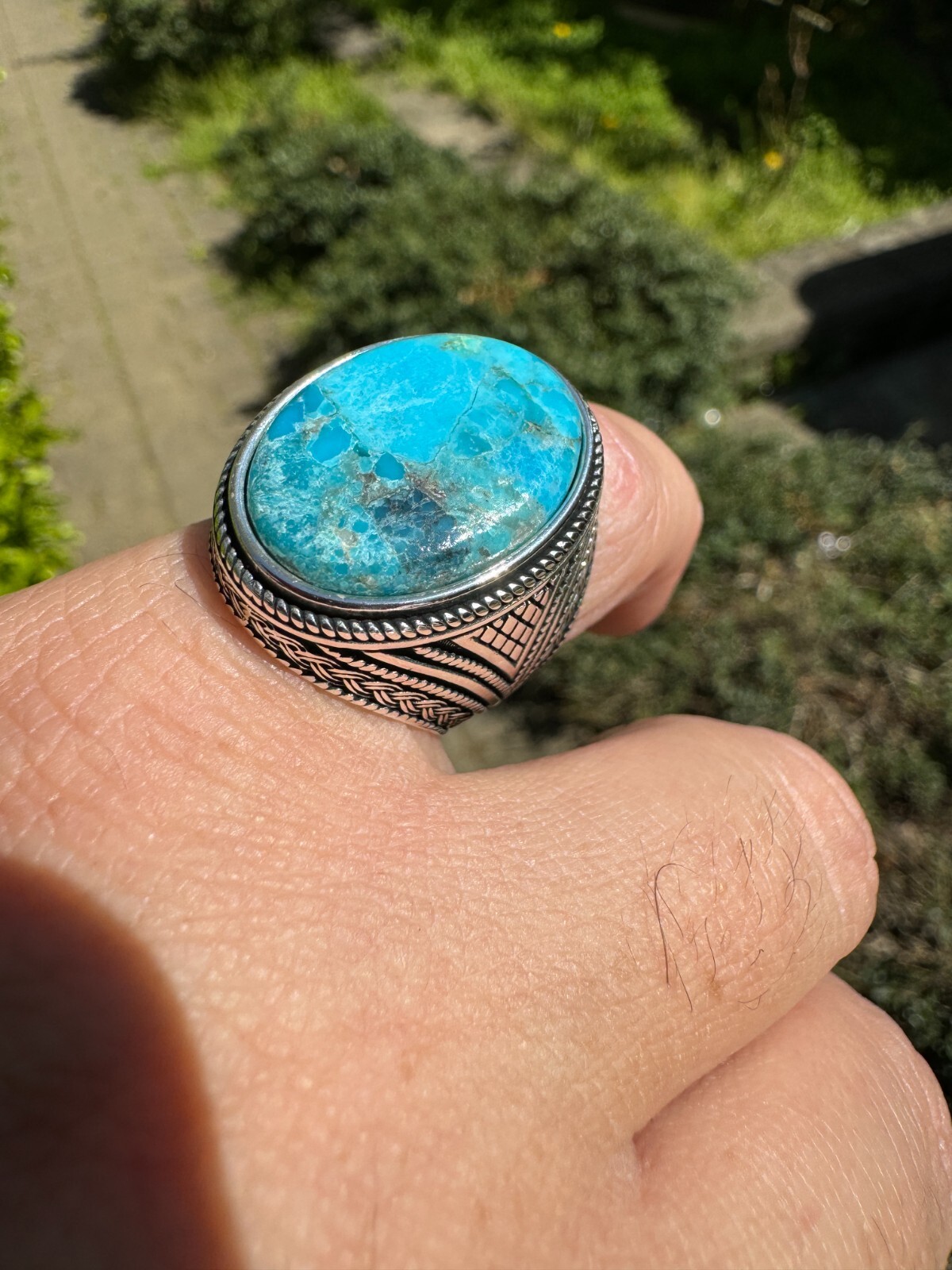 Natural Turquoise Mens Real Solid 925 Silver Handmade Oval Native American Ring