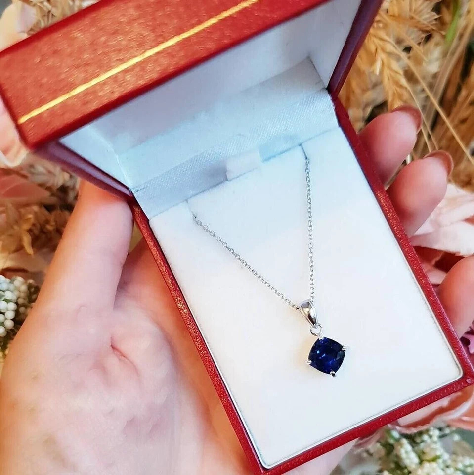2 CT Cushion Solitaire Blue Sapphire Pendant With Free Chain 14K White Gold FN