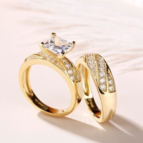 Princess Cut Simulated Diamond Stunning Bridal Set Ring 14k Yellow Gold Plated