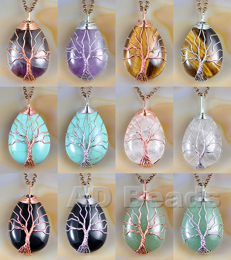 Silver & Rose Gold Plated Wire Wrap Tree of Life Natural Gemstone Reiki Pendant