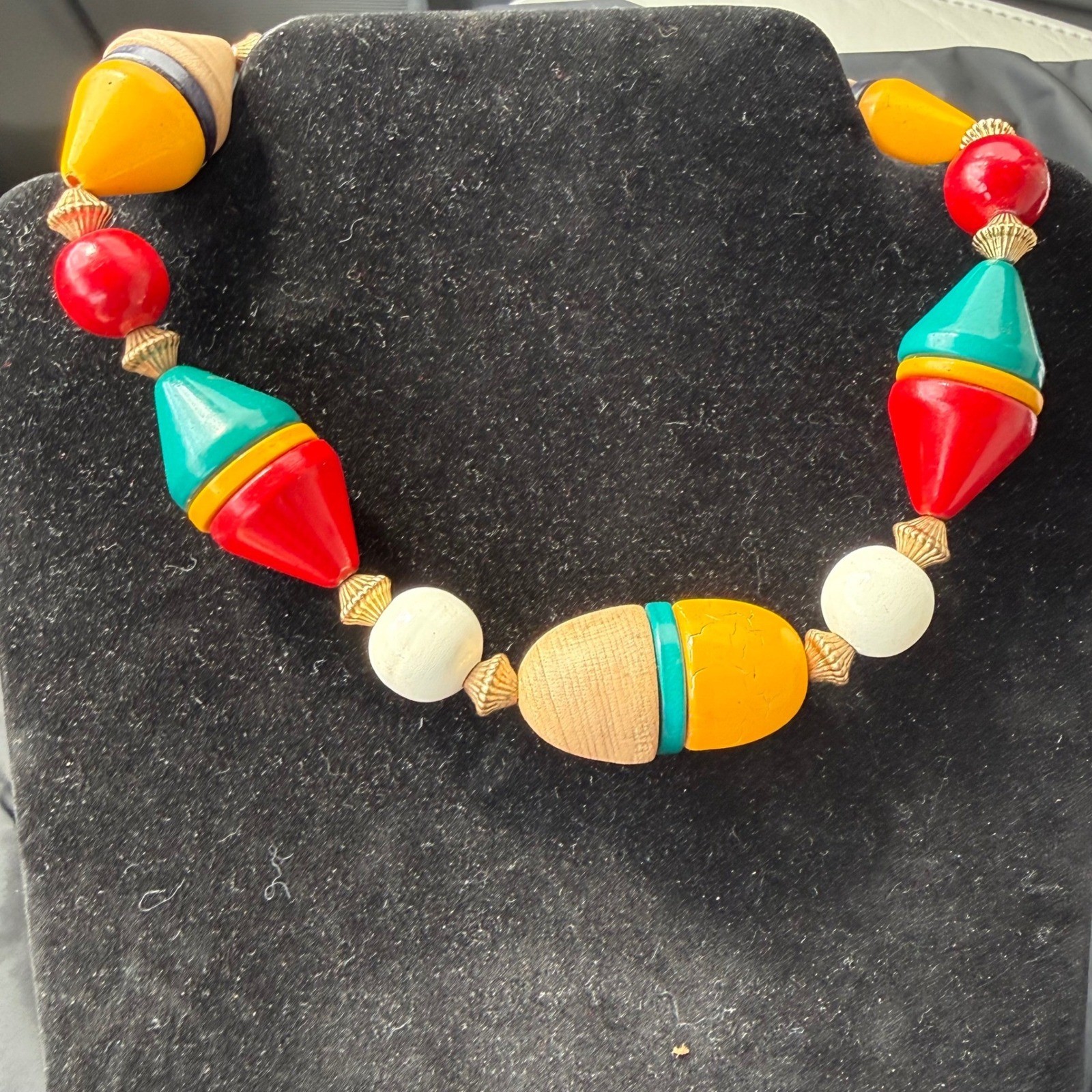 Vintage Chunky Primary Color Geometric Wood Resin Bead Statement Necklace 17in