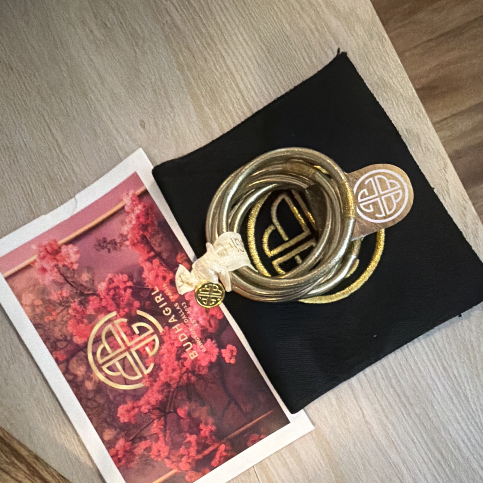 BUDHAGIRL Gold Tone Signed Round Bangle Bracelet Set Size S w/ Pouch Card