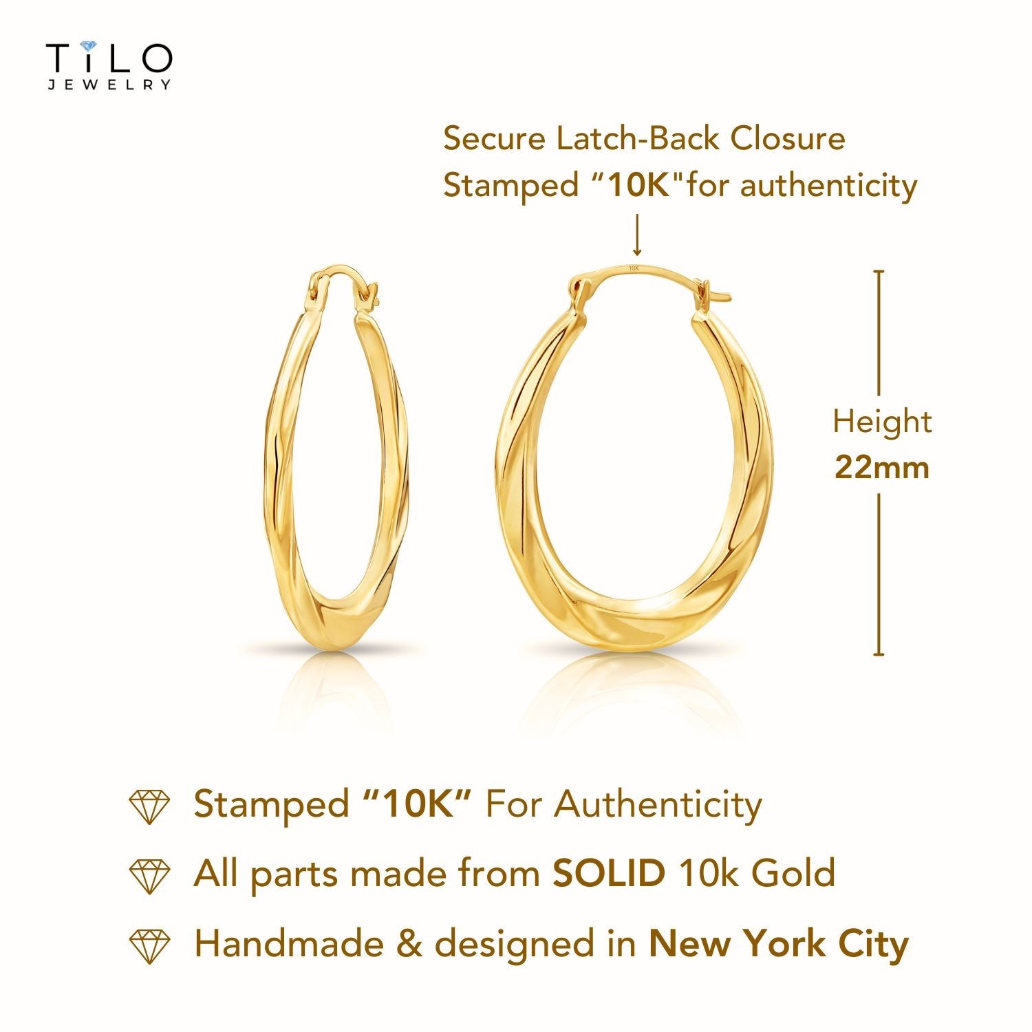 10K Real Solid Yellow Gold Twisted Oval Creole Hoops Earrings Medium Size 22MM
