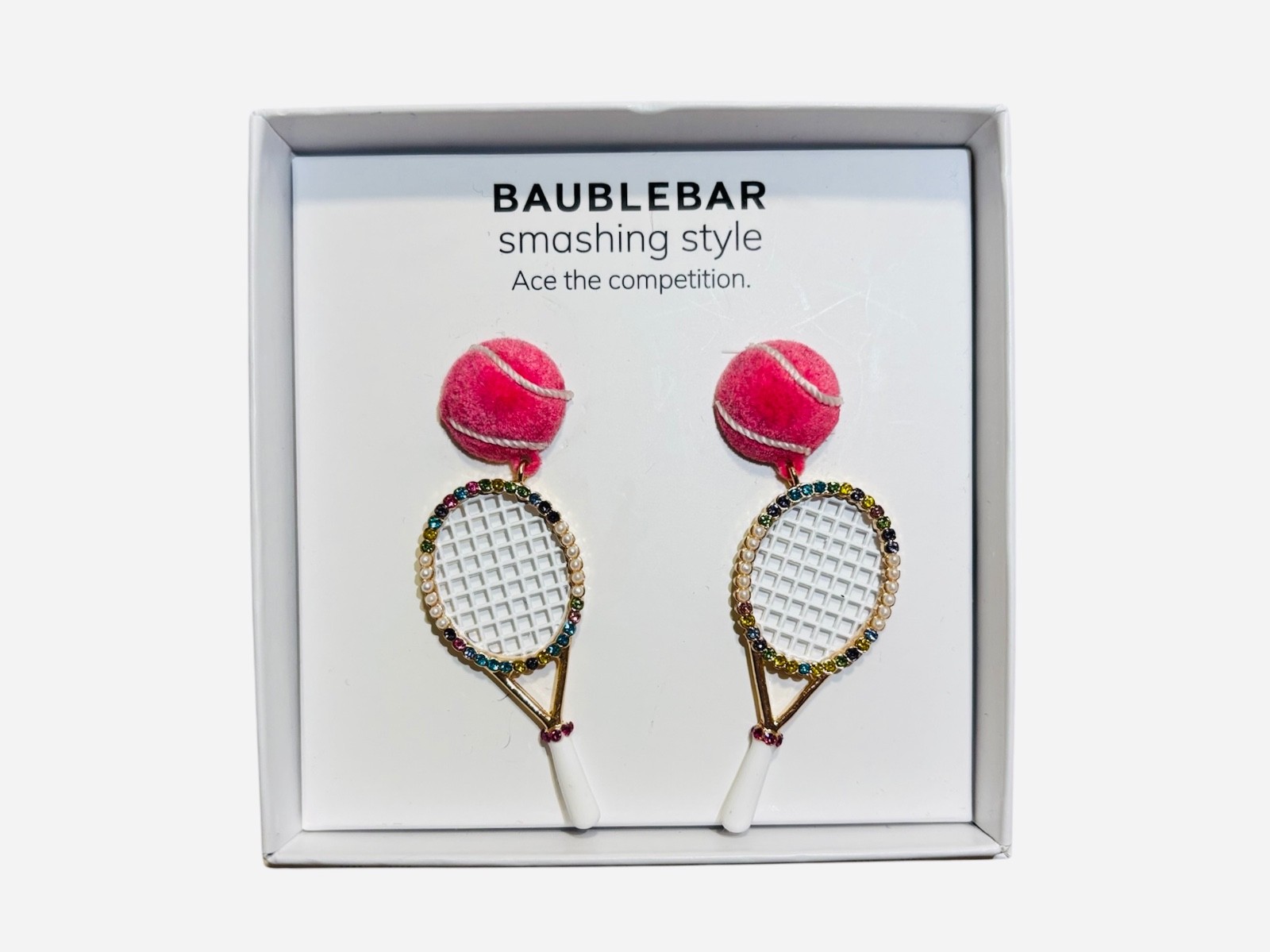 BaubleBar PINK Gold Tennis Ball & Racket Dangle Drop Earrings New Smashing Style