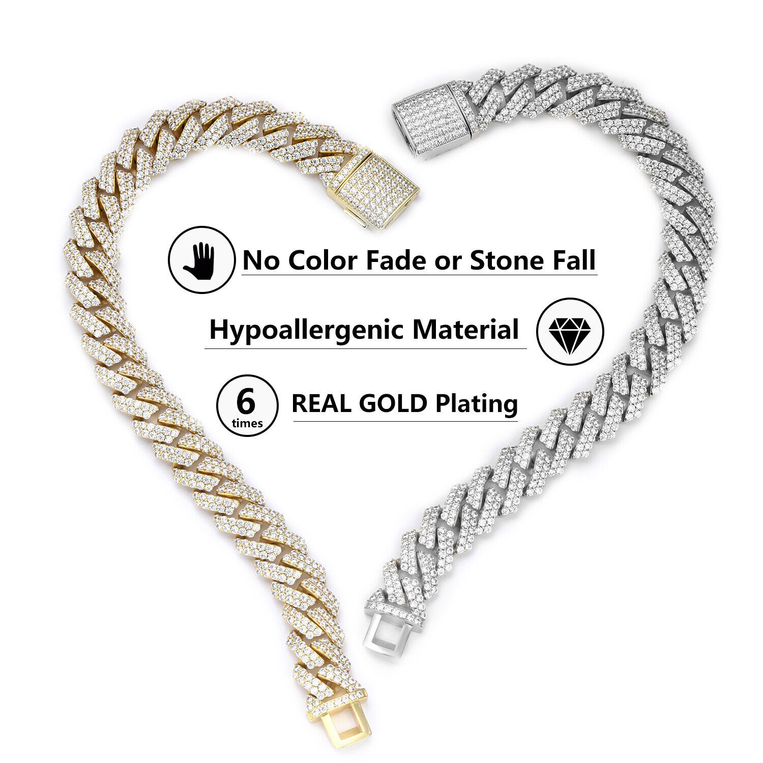 12mm Iced CZ Out Cuban Link Chain 14K/White Gold Stainless Steel Hip Hop Jewelry