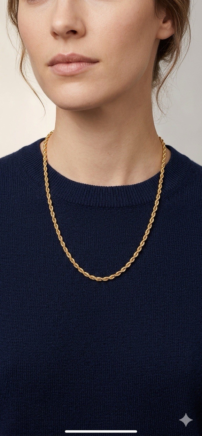 Signed Korea 18″ Gold Tone Rope Chain Necklace E2