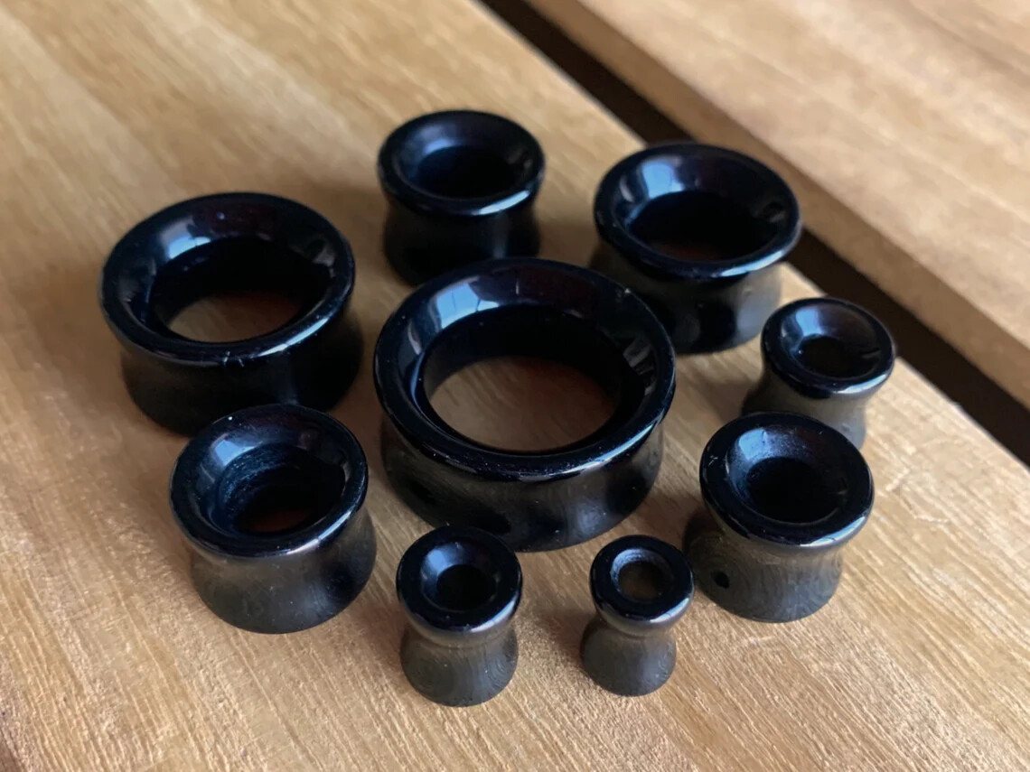 PAIR Black Agate Organic Stone Tunnels Double Flare Plugs Earlets Gauges