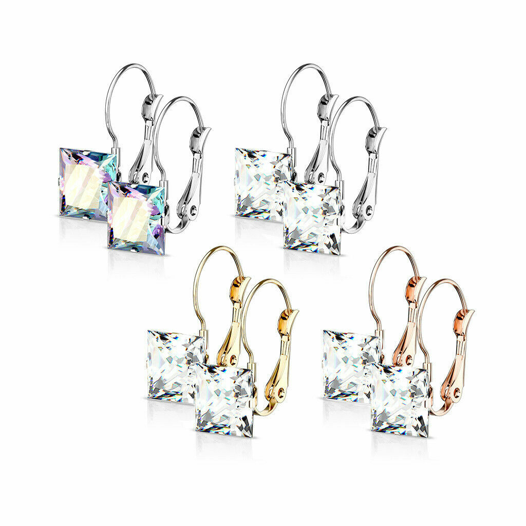 Square CZ Gem Pair Earrings – 316L Stainless Steel Lever Back 20GA Earrings