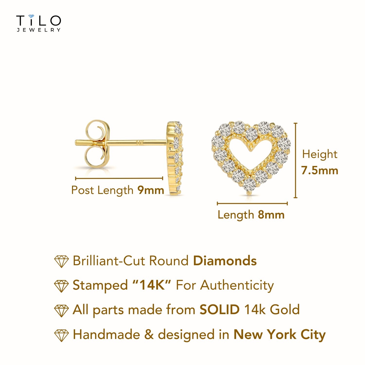 14K Real Solid Gold .252 Ct Diamond Open Heart Stud Earrings Push-back Lab Grown