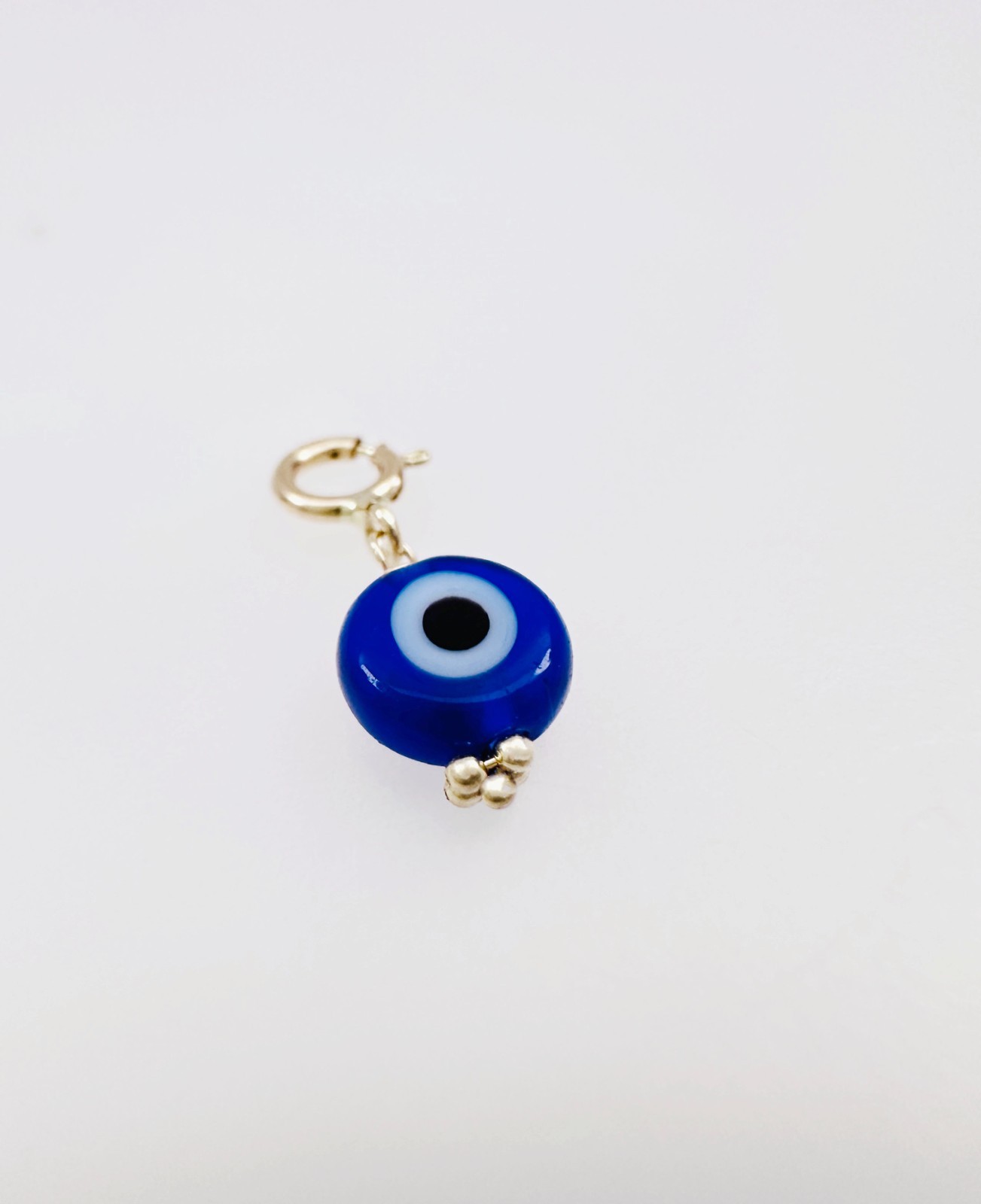 14K Solid Yellow Gold Millefiori Glass Blue Evil Eye Charm Pendant Spring Clasp