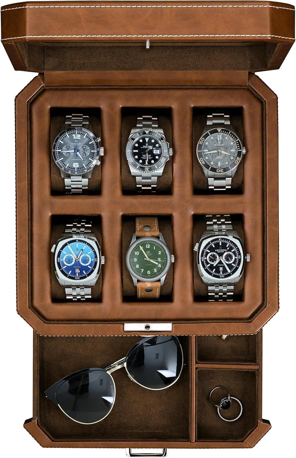 Luxury 6-Slot Leather Watch Box with Valet Drawer – Glass Top Organizer, Locking