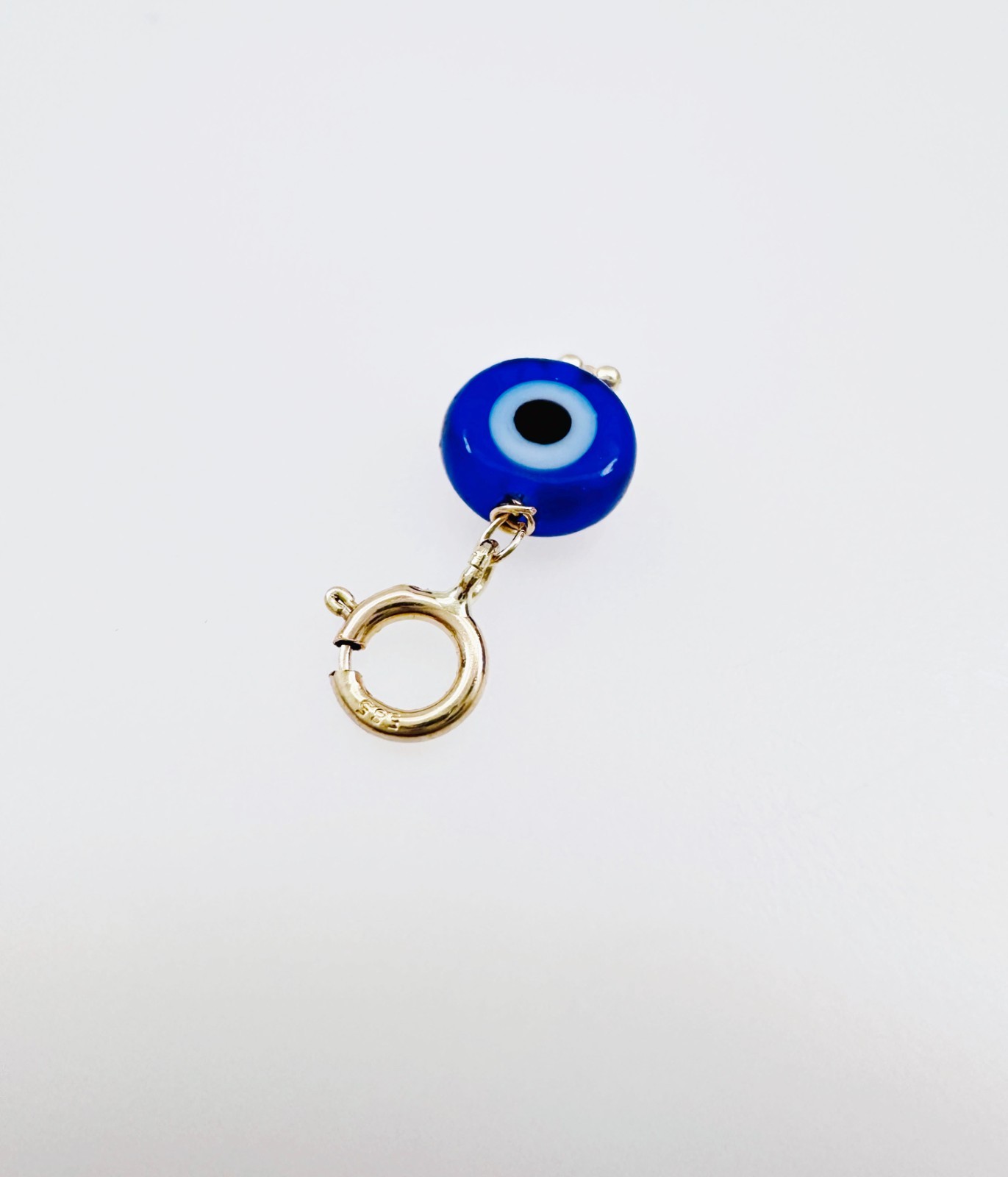 14K Solid Yellow Gold Millefiori Glass Blue Evil Eye Charm Pendant Spring Clasp