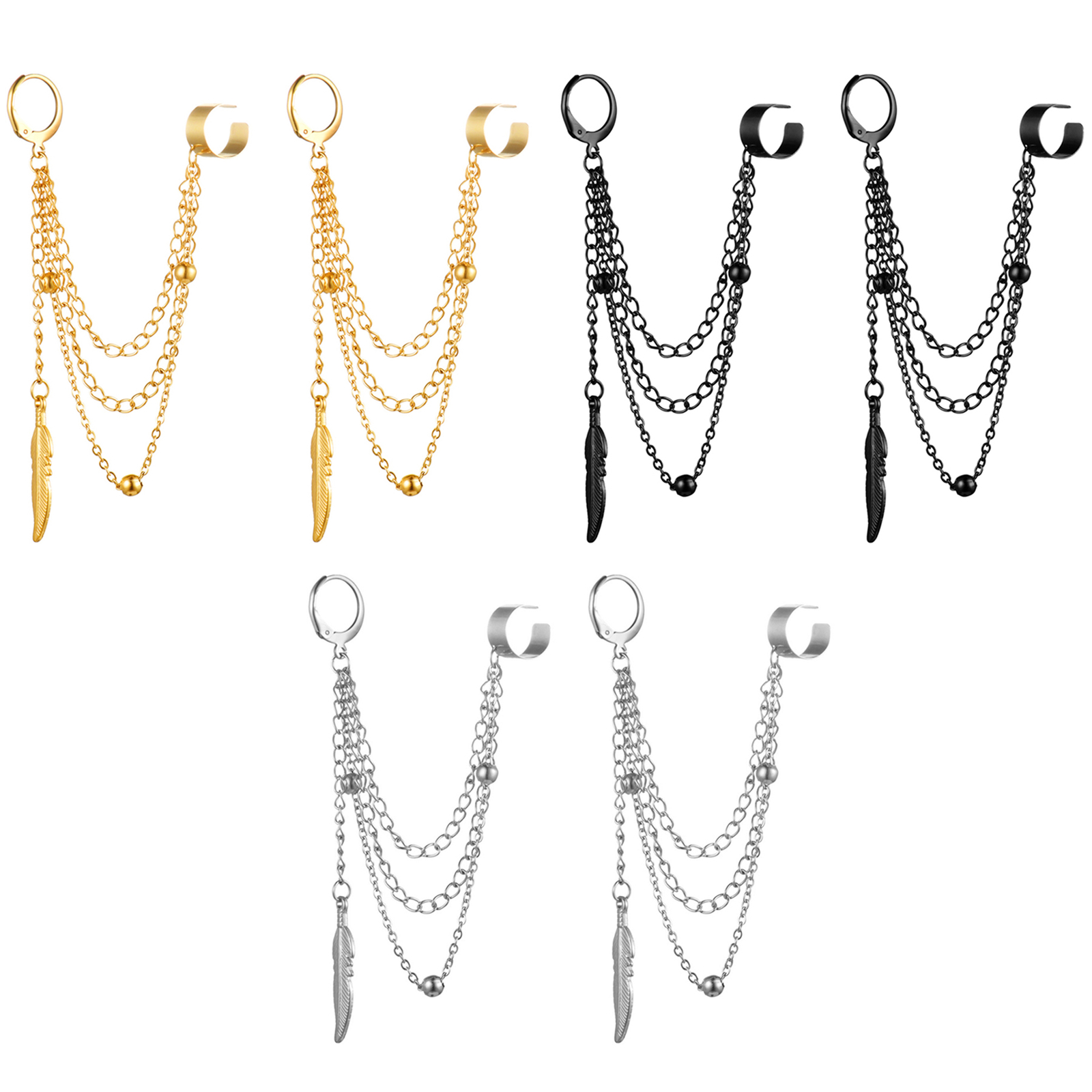 Punk Clip On Stainless Steel Feather Chain Tassel Dangle Ear Cuff Wrap Earrings