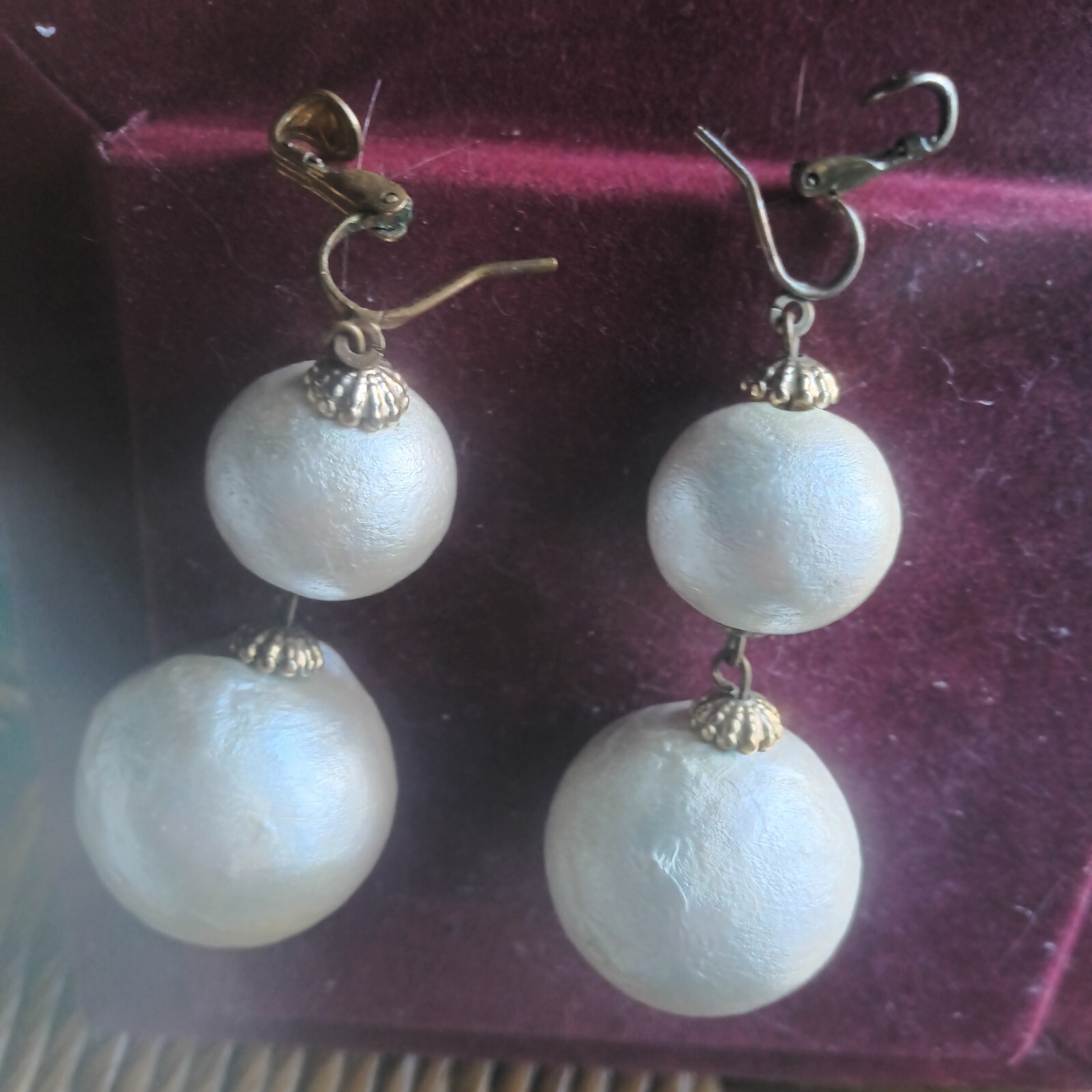 Stylish White Cotton Pearl Dangle EARRINGS 2.5″ Hook and Clip Combo