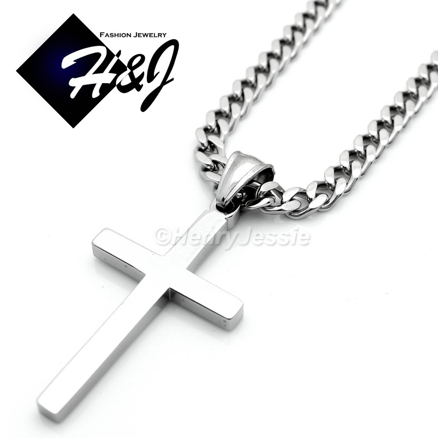 18″-36″MEN Stainless Steel 5mm Silver Cuban Curb Chain Necklace Cross Pendant*P