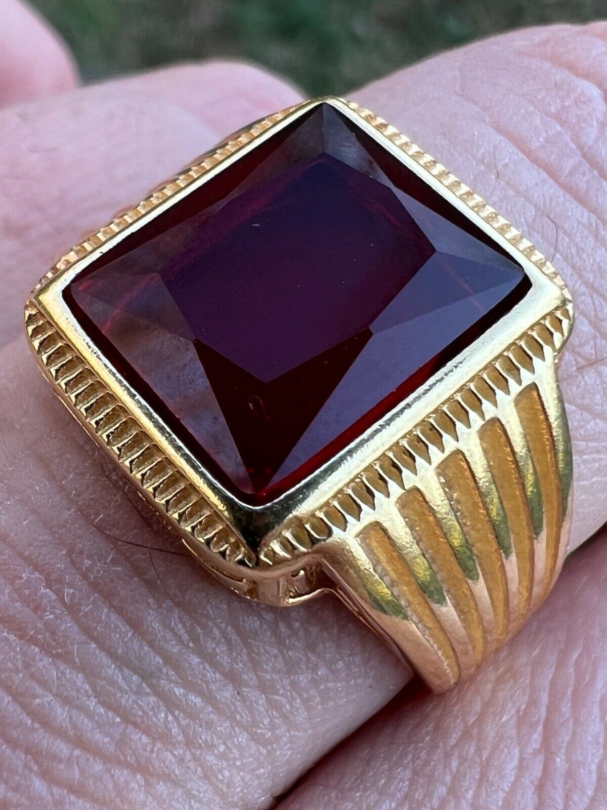 Mens Real 14k Gold Vermeil Over Solid 925 Silver Red Stone Ring Hip Hop Ice