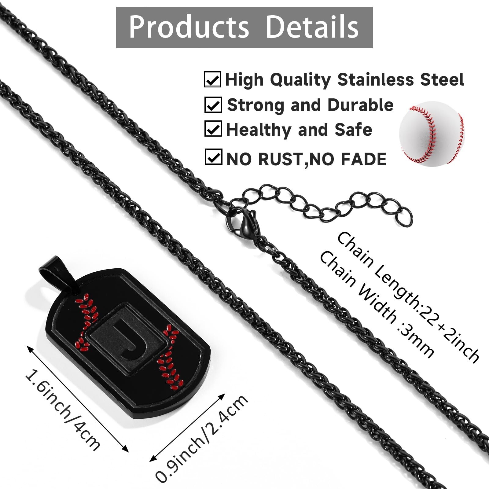 Baseball Initial Necklace for Men Dog Tag Stainless Steel Sliver/Black/Gold L…