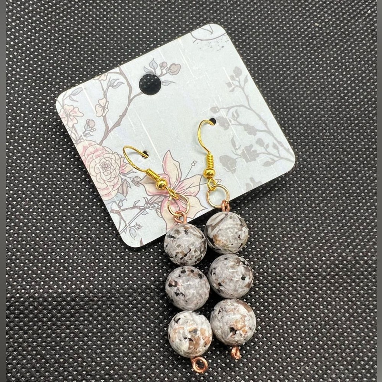 NWT 925 gold plated Handmade lava Elegant Gold and Gray Dangle Earrings
