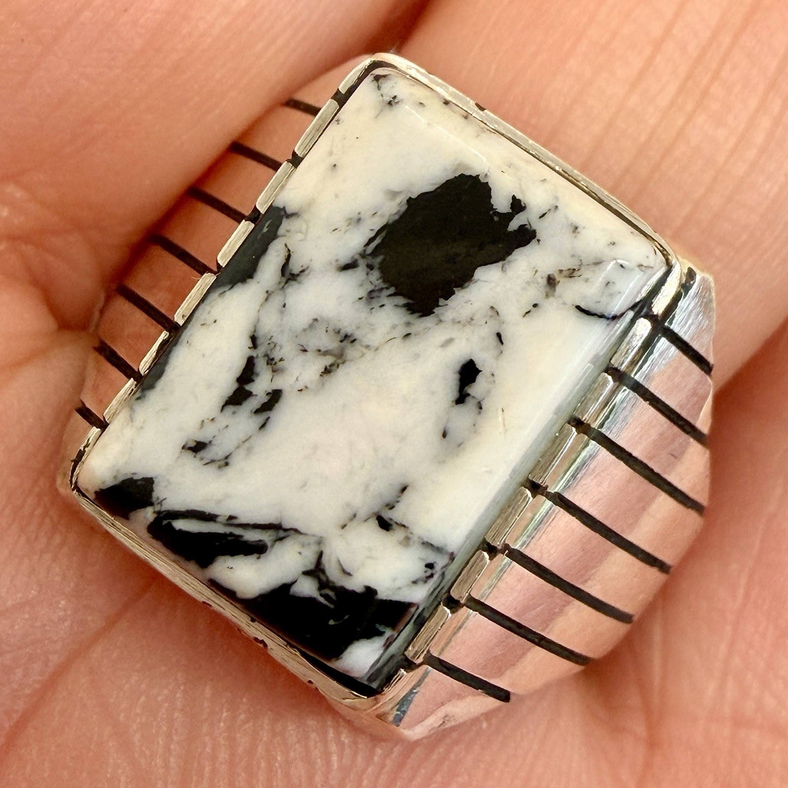 Navajo White Buffalo Turquoise Men’s Ring Size 11.5 Sterling by Trevor Jack 8.6g