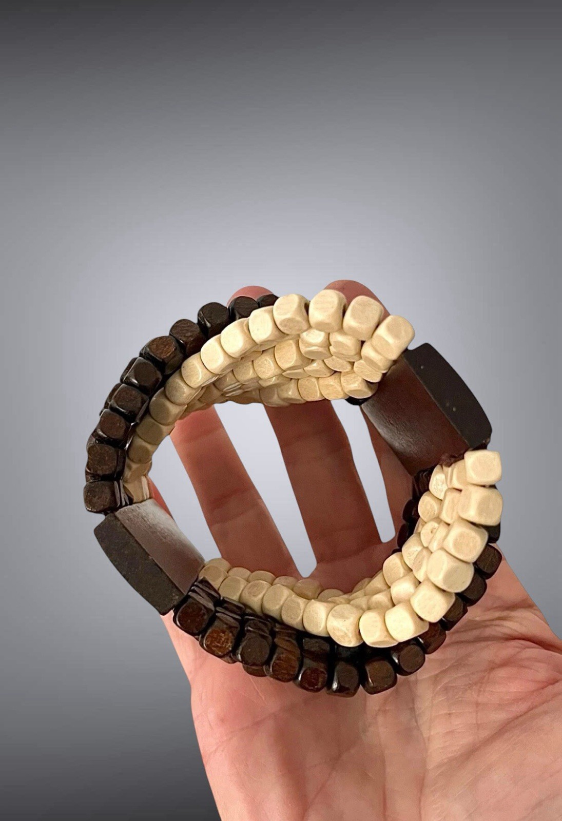 2.3/8 Wide Beige Brown Lightweight Statement Stretchable Wooden Wood Bracelet