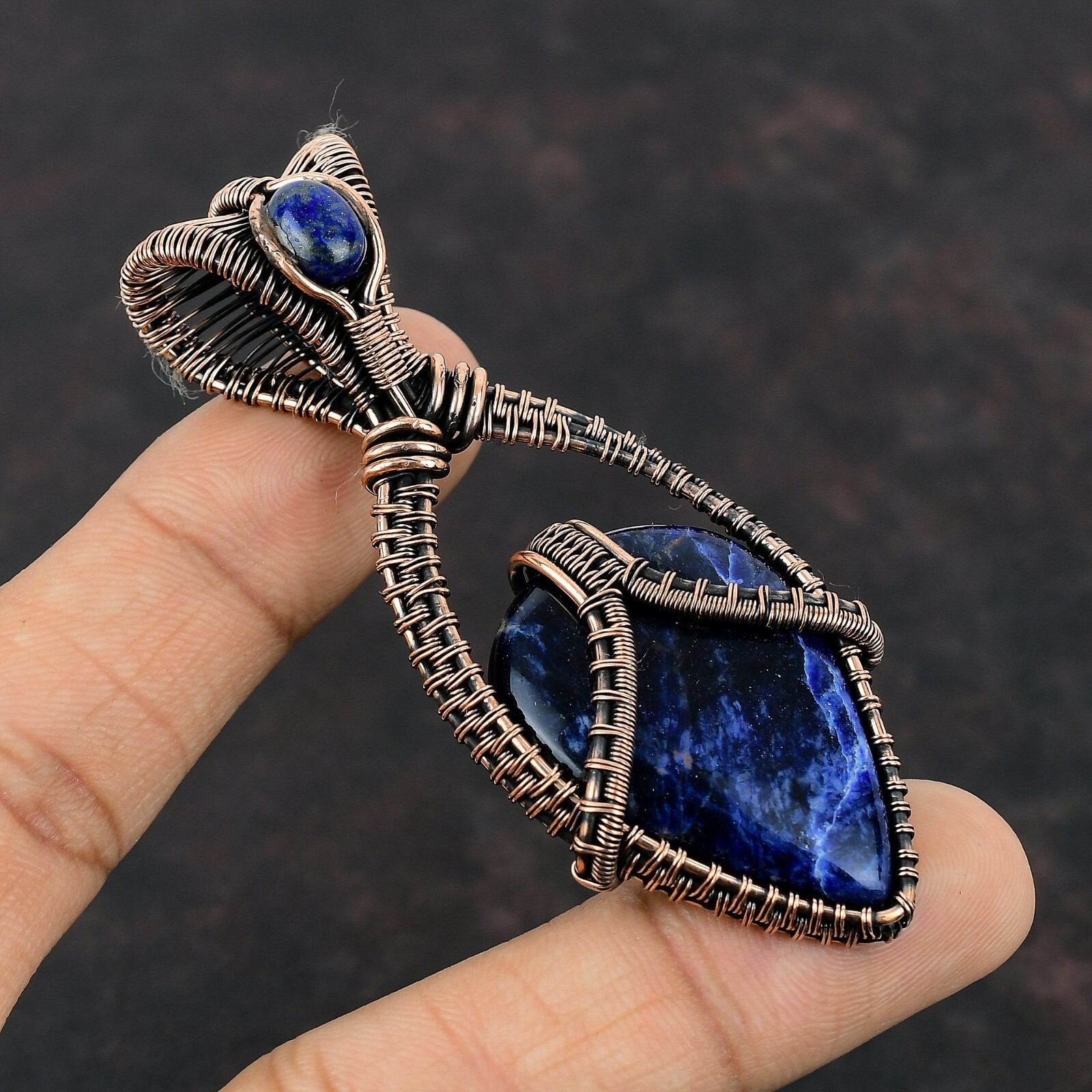 Sodalite Wire Wrapped Pendant Handcrafted Copper Birthday Gift Jewelry 3.11″