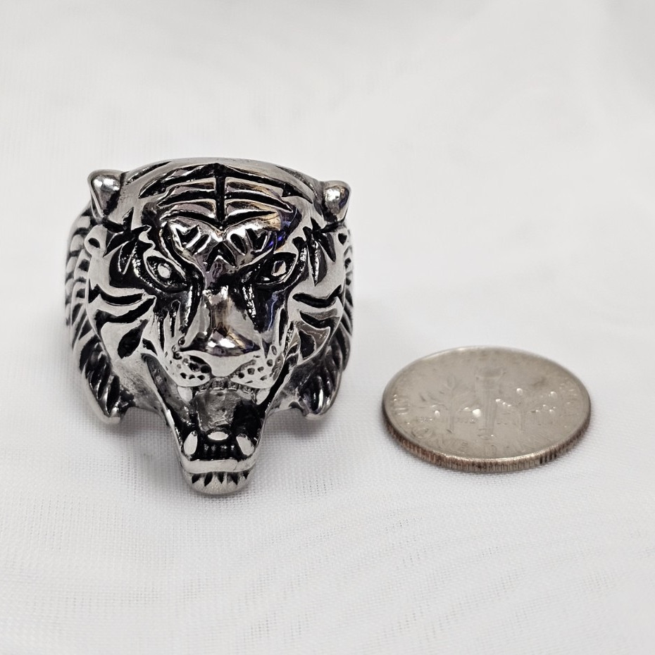 Silver Tone Tiger Head Signet Ring No Stone Animals & Insects Theme Size 11