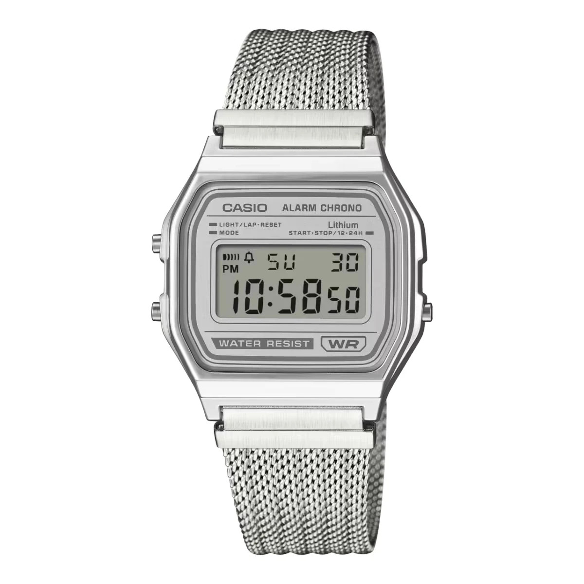 Casio A158WEM-7D Vintage Digital Watch Silver Mesh Band Retro Classic NEW