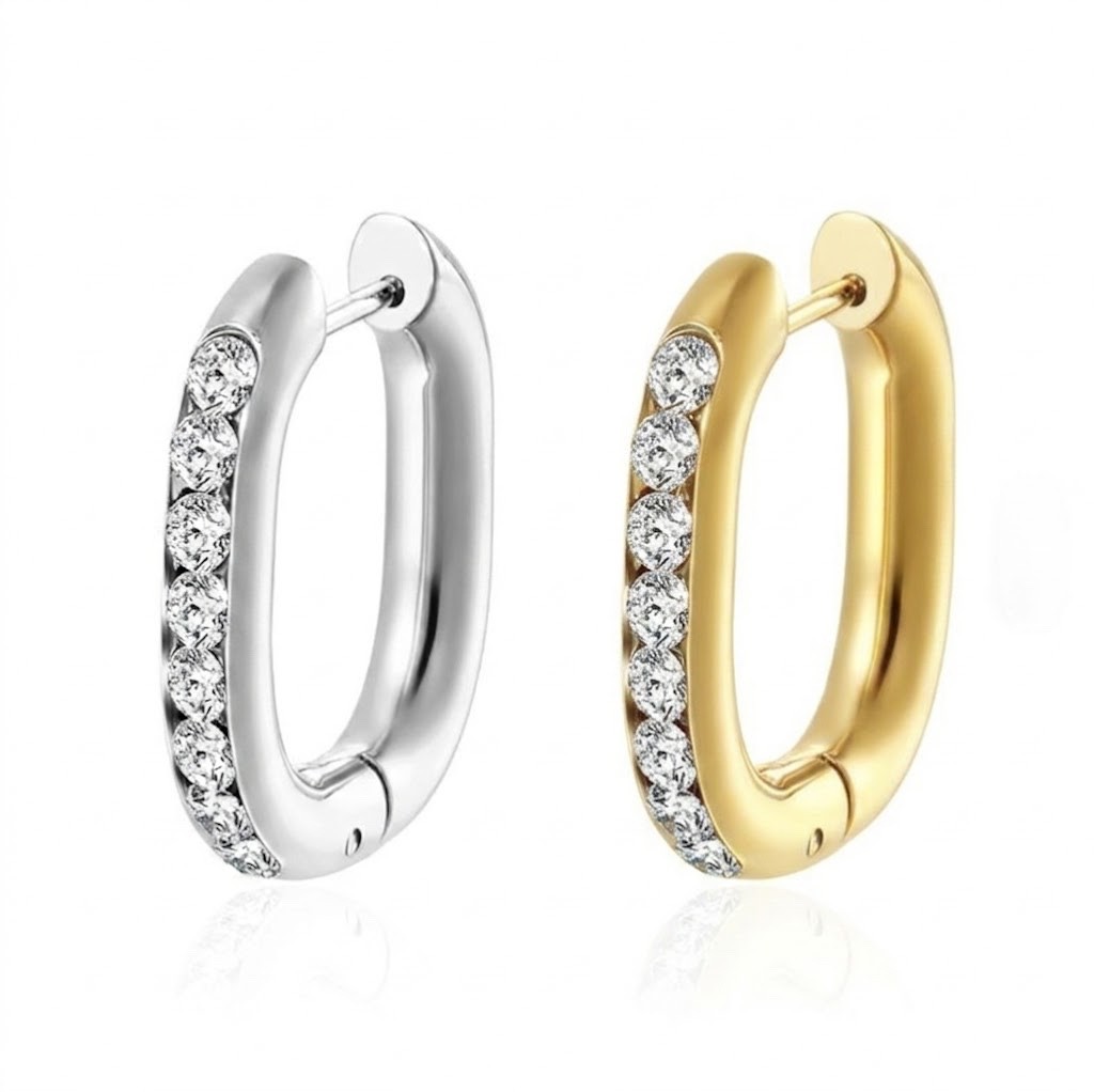 Stainless Steel Huggie Hoop Earring CZ Large Silver Gold