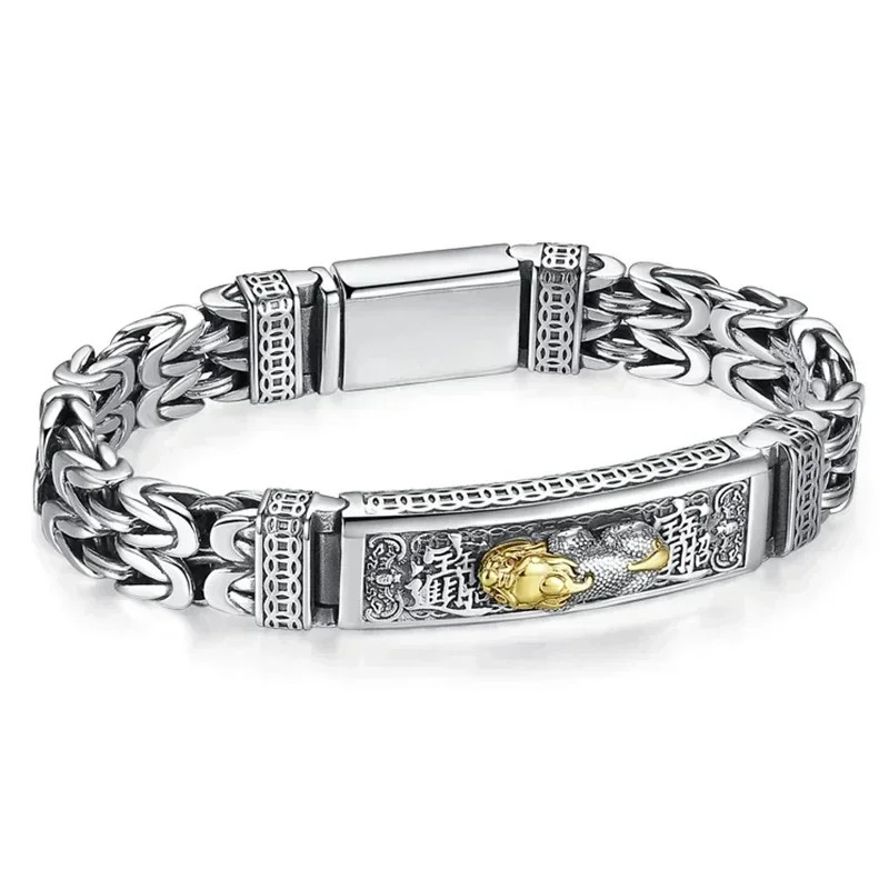 New Silver Color Plain S925 60.5g Silver Men Retro Cross Watch Chain Bracelet