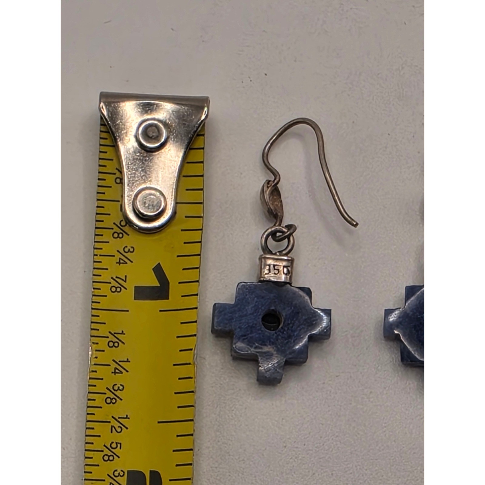 Peruvian 950 Silver Sodalite Chakana Inca Cross Tumi Drop Earrings Blue Stone
