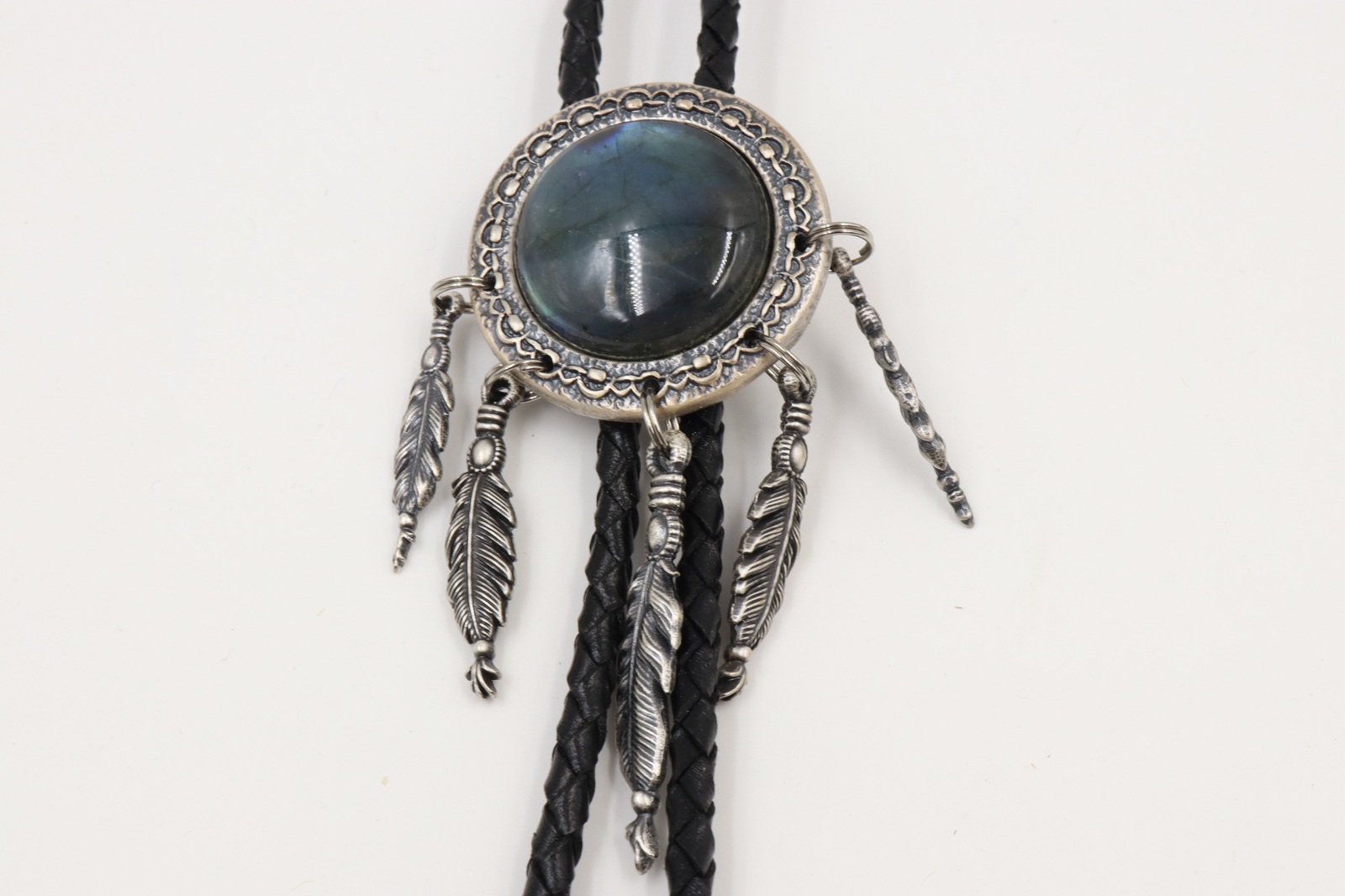 Nature Labradorite Stone w/ Feathers Silver Plated Western Leather Bolo Neck Tie