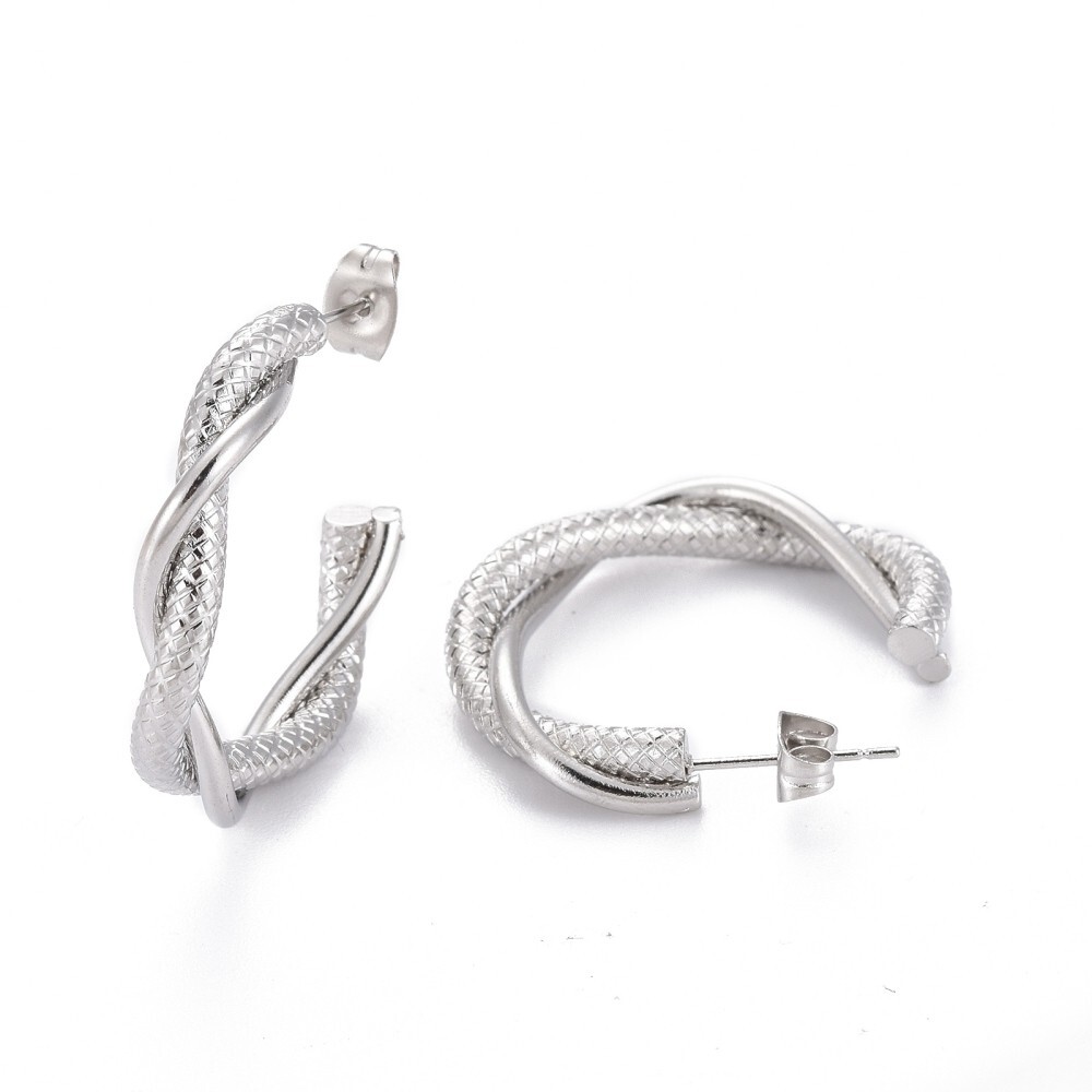 Half Hoop Hypoallergenic Earrings Twisted Textured 30x5mm pin:0.5 mm Stainless S
