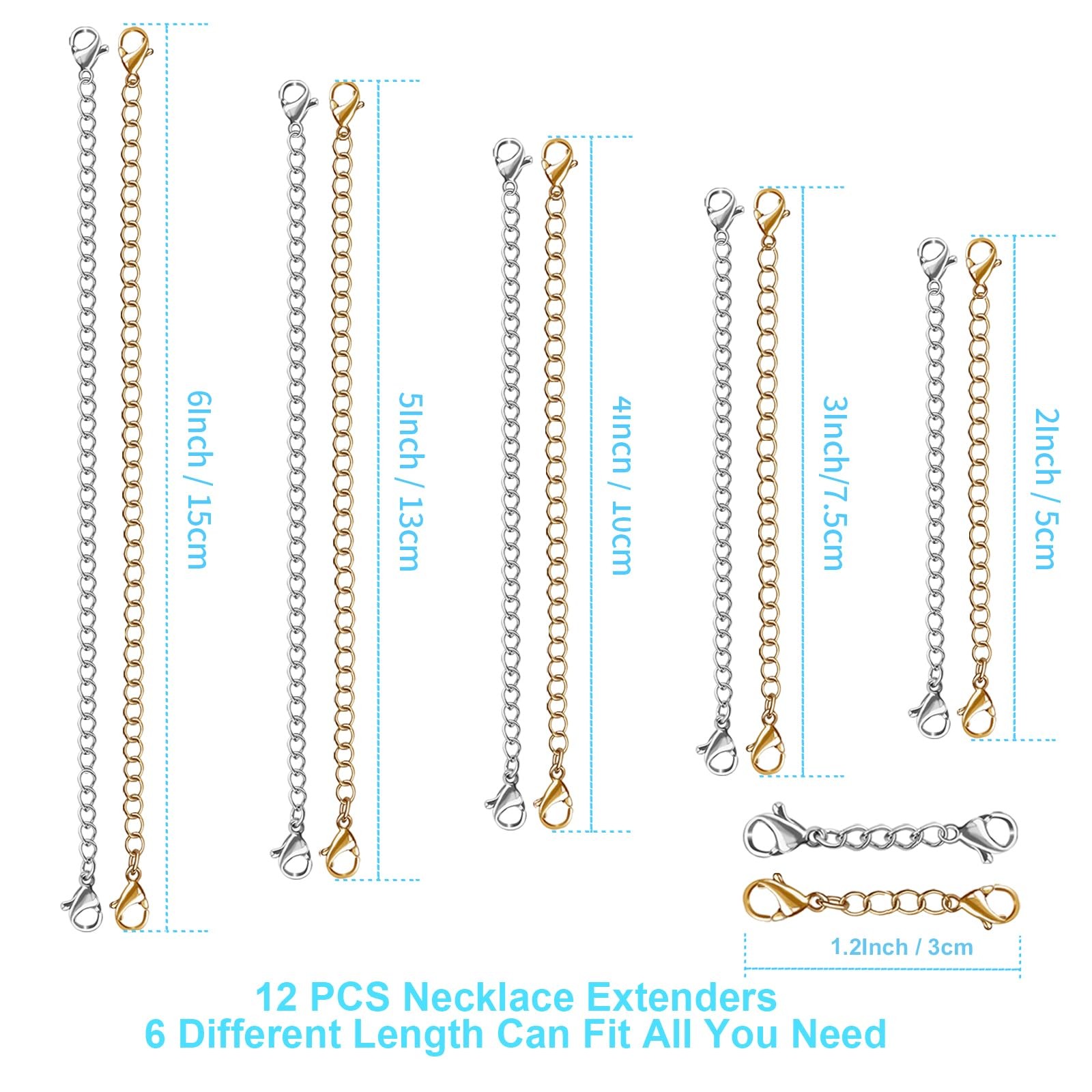 12 Pcs Extender /Safety Chain Extender Necklace Bracelet Lobster lock 1″ To 6