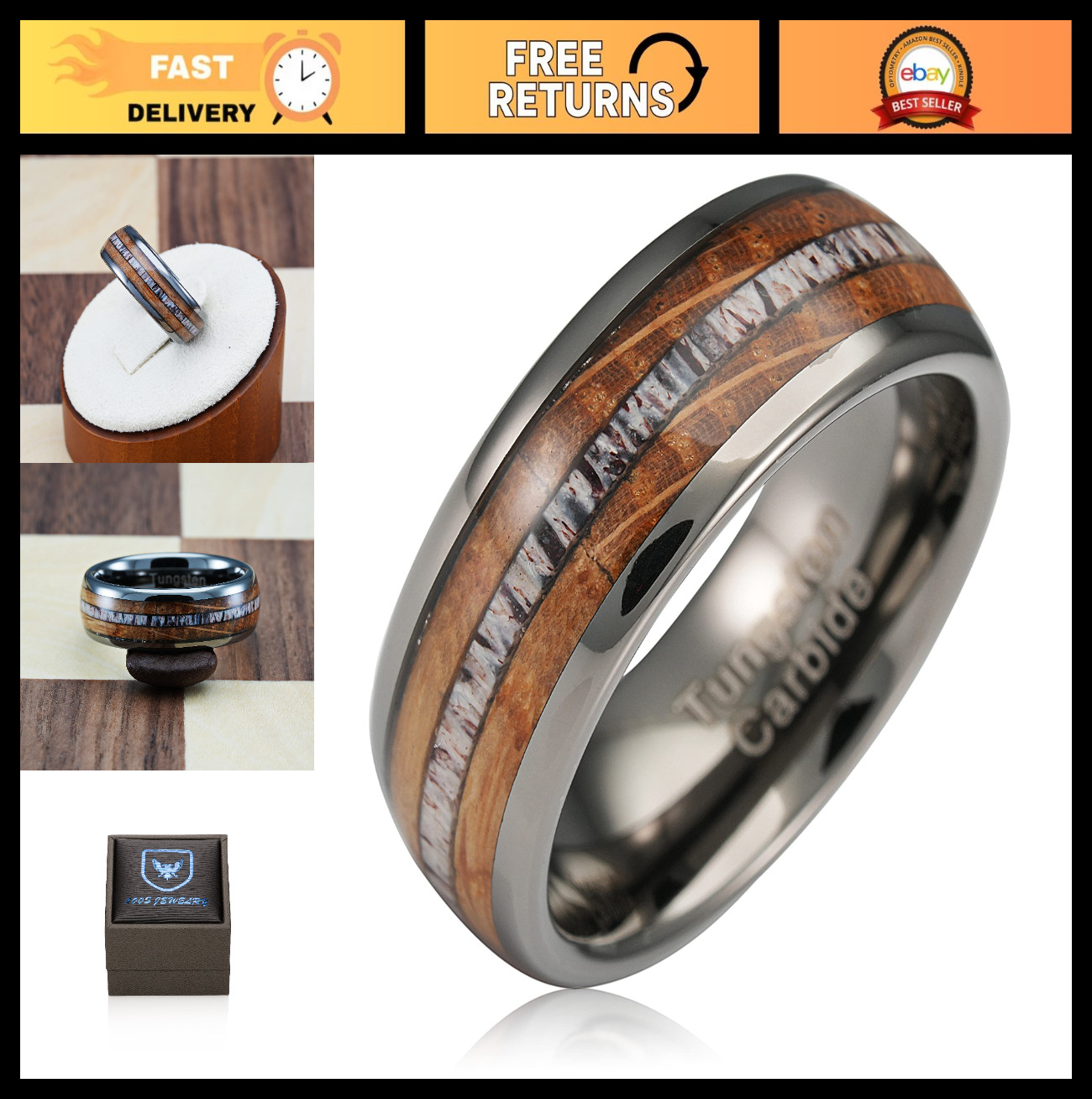 Gunmetal Gray Tungsten Wedding Ring for Men, Whiskey Barrel Wood & Elk Antler In