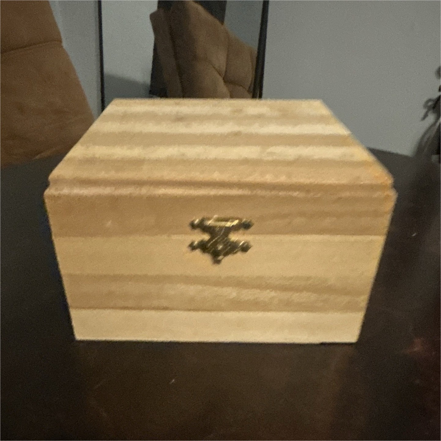 Brown Wooden Hinged Lined Fabric Jewelry Box w/ Metal Clasp, Rectangular