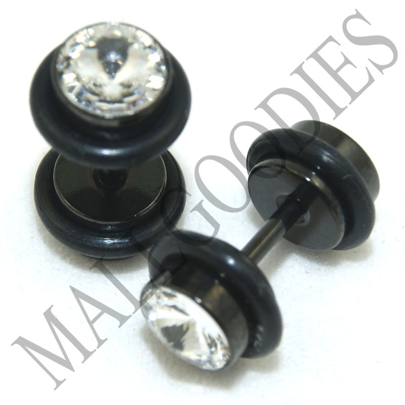 0290 Fake Cheaters Faux Illusion Plugs 16G Look 2G 6mm Steel Black Clear CZ